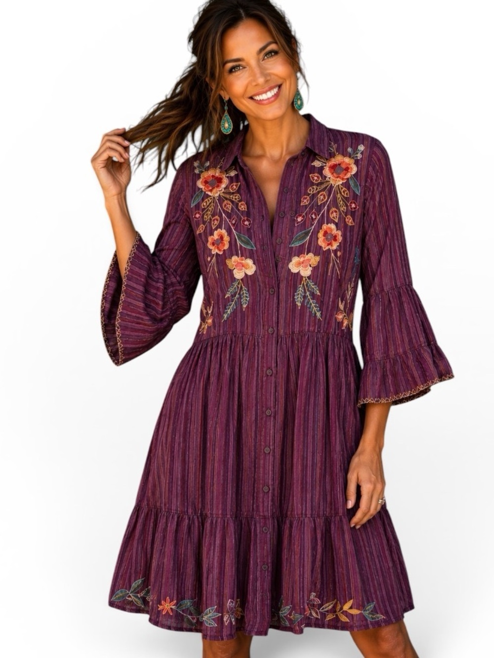 Johnny Was heavily embroidered Shuri Easy Tiered Dress In Purple NWT